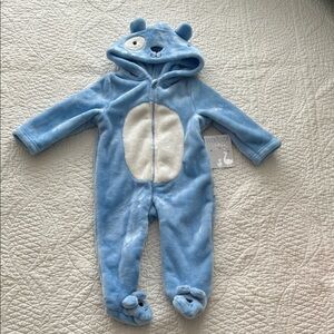 Blue Fleece Baby One-Piece with Hood 3-6M